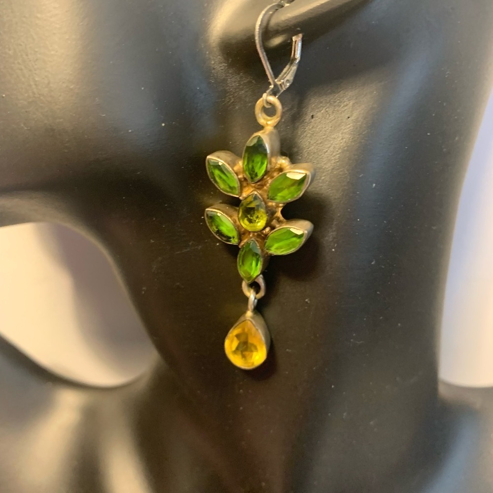 Large green and yellow dangling earrings